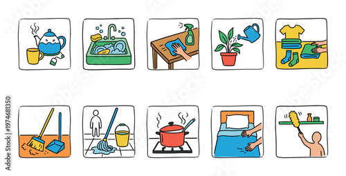 A collection of charming doodle-style icons illustrates various daily household tasks and chores for easy understanding.