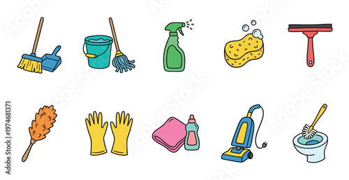 A collection of cartoon style cleaning supplies, including a broom, dustpan, mop, bucket, spray bottle, sponge, squeegee, duster, gloves, cloth, detergent, vacuum, and toilet brush.