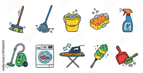 A collection of colorful, hand-drawn cleaning tools and appliances is arranged against a white background, evoking a cheerful and efficient household chore theme.