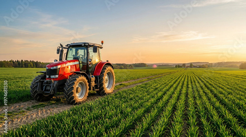 red tractor working in lush green farmland at sunset for agriculture loans government schemes and rural development concept
