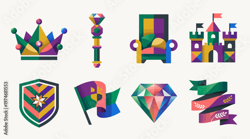Geometric Medieval Royal Icon Set with Crown Castle and Shield