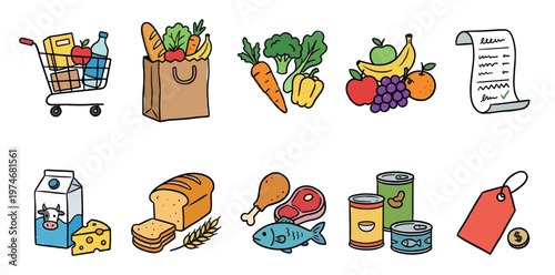 A collection of hand-drawn food and shopping icons, including a grocery cart, bag, fresh produce, dairy, bread, meat, fish, canned goods, and a price tag.
