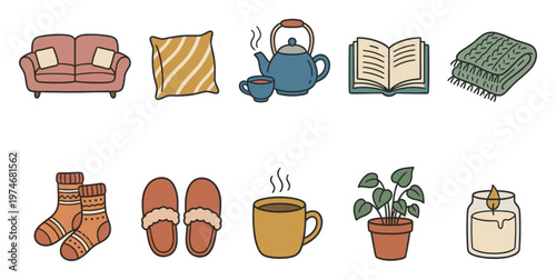 A charming collection of hand-drawn flat design icons representing cozy home essentials like a sofa, tea set, book, blanket, socks, slippers, hot drink, plant, and candle.