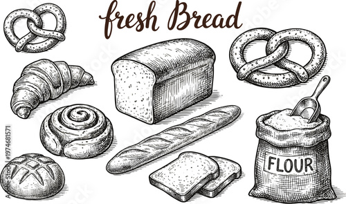 Vintage bread illustration collection featuring croissant, loaf, pretzel, baguette, flour sack, wheat stalks, vector sketch design