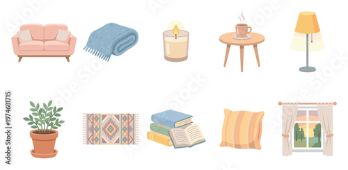 A collection of flat design illustrations depicting cozy home interior elements including a sofa, blanket, candle, and window view.