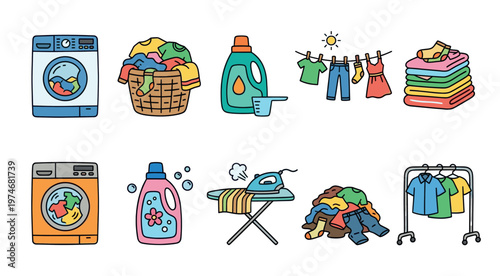 A colorful collection of hand-drawn icons depicting various laundry activities like washing, drying clothes on a line, and ironing, with detergent and clean folded clothes.