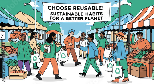 People choosing reusable bags at a farmers market.