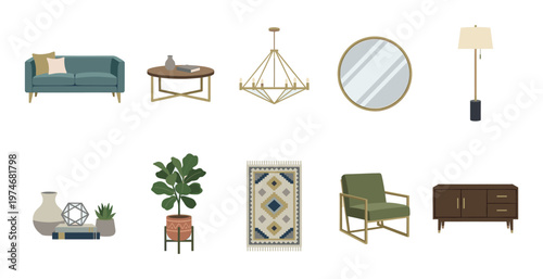 Collection of modern interior design furniture and decor elements like sofa, armchair, rug, and plants on a white background.