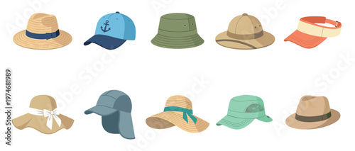 A flat illustration showcases a diverse collection of ten hats, including straw hats, a baseball cap, a safari hat, and visors, on a white background.