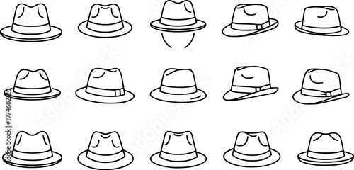 Fedora hat icons set. Fedora hat black linear icon on white background.