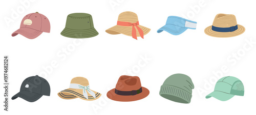 A diverse selection of stylish hats and caps, including baseball caps, bucket hats, straw hats, visors, and beanies, arranged in two rows against a clean white background.