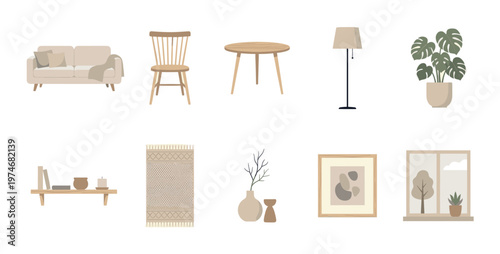 A collection of minimalist Scandinavian-inspired interior design elements including furniture, plants, and decorative objects in a neutral color palette.