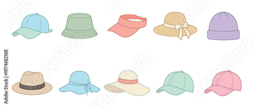 A charming illustration featuring a diverse collection of ten hats, including baseball caps, sun hats, bucket hats, and a beanie, each in a soft pastel color against a clean white background.