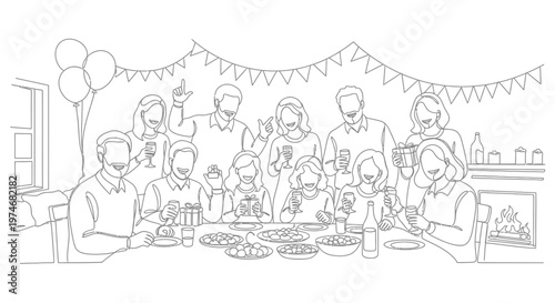 Family gathered around dining table eating.