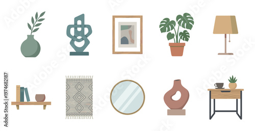 A curated collection of modern home decor items in a flat design style, featuring plants, furniture, art, and rugs in a neutral color palette for interior design concepts.