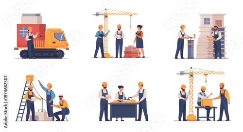 Construction workers collaborating on building site with crane and equipment