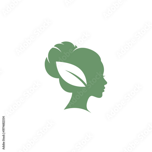Green female silhouette with leaf in hair bun icon