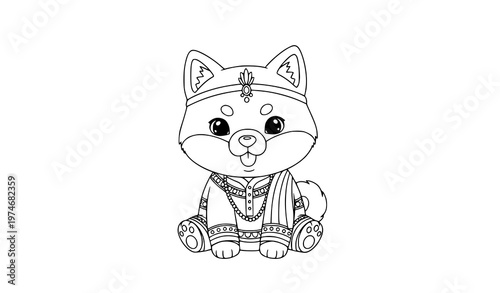 Cute kawaii Shiba Inu puppy outline coloring page wearing Indian costume vector icon illustration