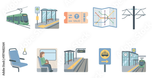 Collection of flat design icons representing various aspects of public tram and train transportation, including stations, tickets, and seating.