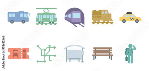 Flat vector icons depicting various modes of city transportation including buses trains and taxis ideal for travel and urban themes.
