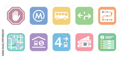 A collection of flat, modern icons depicting various aspects of public transportation, including maps, tickets, and transit symbols, in a pastel color palette.