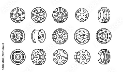 Car wheel rim outline icon collection vector for automotive repair, service, and spare parts design