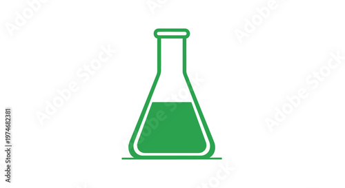 Green laboratory flask with liquid on white background