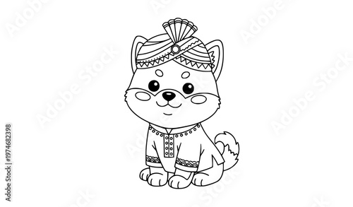 Kawaii Shiba Inu dog outline icon with traditional Indian outfit coloring page vector design