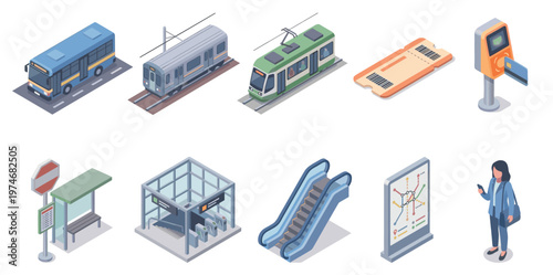 A collection of isometric illustrations depicting various public transportation elements including buses, trains, tickets, and a woman using a phone at a transit map.