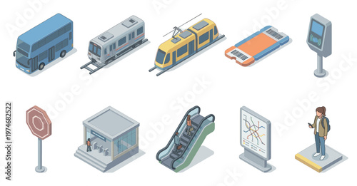 A clean isometric illustration set featuring various public transportation elements like buses, trains, tickets, and station infrastructure against a white background.