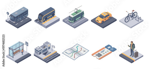 A collection of isometric illustrations showcasing various modes of city transportation, including bus, subway, tram, taxi, bicycle, and pedestrian elements, for urban mobility concepts.