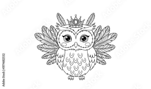 Glamorous owl princess coloring page vector with crown cute fantasy bird outline illustration