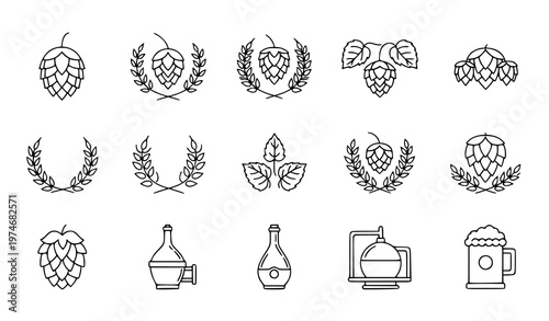Hops and brewing icon vector set with wheat wreath and beer symbols in thin line and flat style