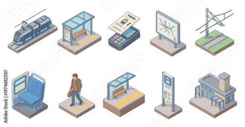 A collection of isometric illustrations depicting various elements of public transportation, including a tram, bus stop, ticket machine, and station.