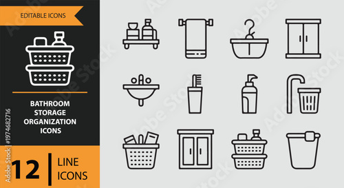 Bathroom storage organization icons set in line style for design
