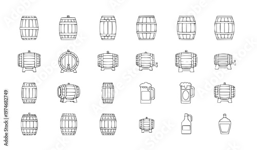 Wooden keg and barrel thin line flat color icon set for beer brewing and beverage symbols