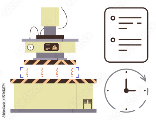 Industrial manufacturing, workflow optimization, time management, engineering, production schedules, project deadlines. Machine with control panel, document and clock. Manufacturing and workflow
