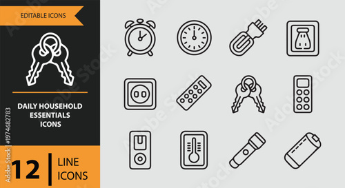 Daily household essentials icons in line style on gray background