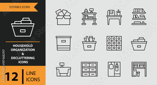 Household organization and decluttering icons in line style for easy editing