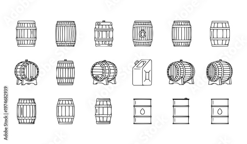 Wooden barrel and oil drum icon vector set in thin line and flat style for beer and brewing symbols
