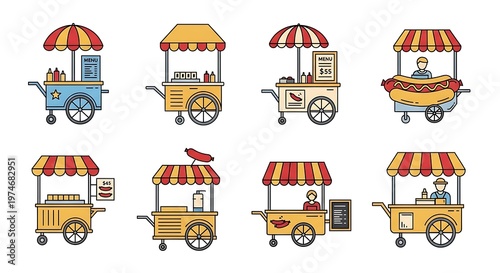Hot dog cart icons set outline vector food business