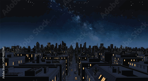 Night Cityscape with Starry Sky and Milky Way.