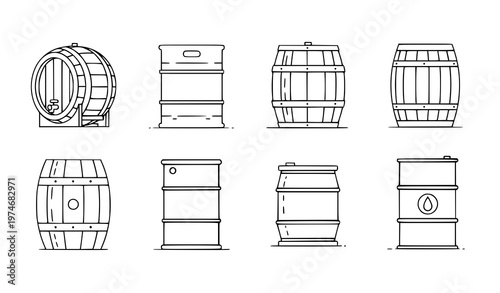 Beer and brewing barrel icon collection with wooden kegs and oil drums thin line flat vector