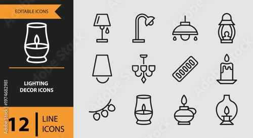 A set of twelve line icons depicting various lighting decor items on gray background