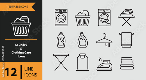 Laundry and clothing care icons in line style on gray background