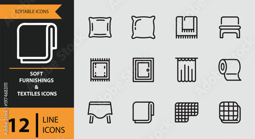 Soft furnishings and textiles icons in line style on gray background
