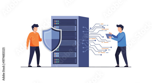 Cyber Security Server Protection: Man with Shield Guards Data Center Network