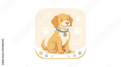 Cute Golden Retriever Puppy Sitting Happily Wearing Blue Collar with Medal, Paw Prints Background