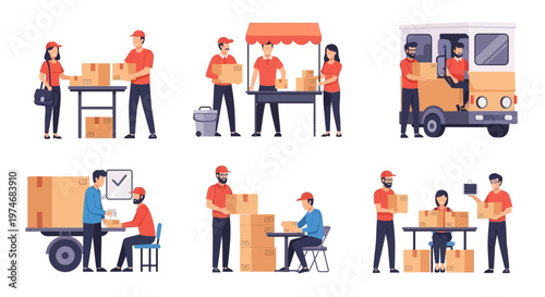 Delivery Service: People Loading Boxes into Truck, Warehouse, and Office Scenarios