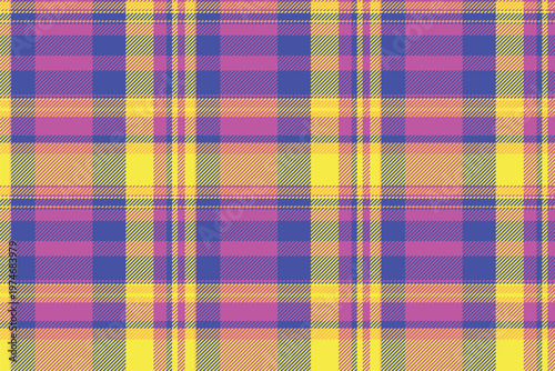 Crossed pattern tartan textile, conceptual seamless fabric background. Coat check plaid texture vector in magenta and indigo colors.